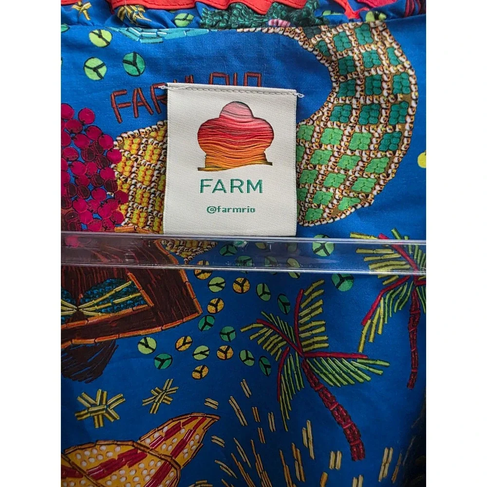 Farm Rio Blue Ocean Stories Wrap Vibrant Tropical Print Puff Sleeve Crop Top